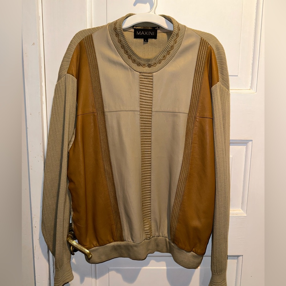 Maxini 80's Kurt Cobain Leather Striped Mens Sweater Size Lg MCM Grandpa Core